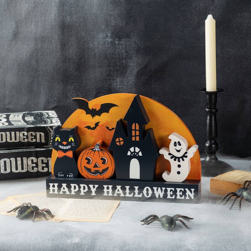Glitzhome Set of 5 Wooden HAPPY HALLOWEEN Decorative Moon Table Signs with Black Cat, Jack O Lantern, Ghost and Haunted House