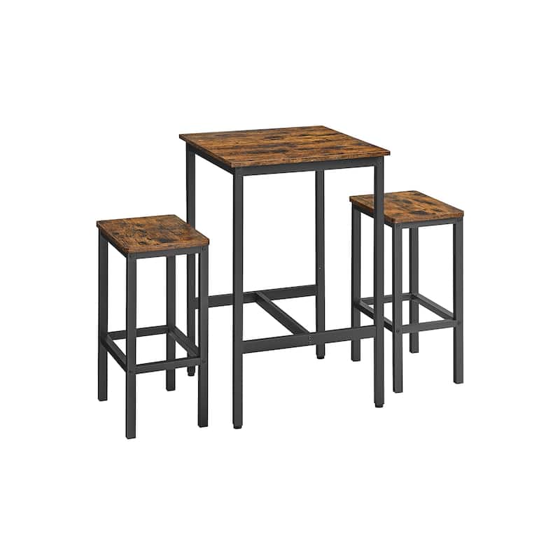 Bar Table and Chairs Set, Square Bar Table with 2 Bar Stools, Dining Pub Bar Table Set - 23.6" x 23.6" x 35.4" - Rustic Brown-Black