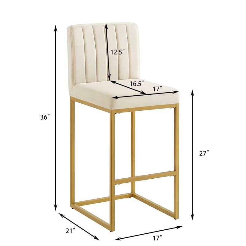Counter Height Bar Stools Set of 2, Velvet Upholstered Bar Stools with Back, Breakfast Bar Chairs with Metal Footrest