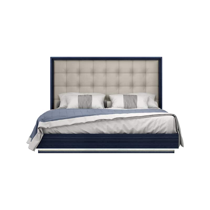 HomeRoots Blue and Gray Wood And Tufted Faux Leather Lighted King Bed Frame