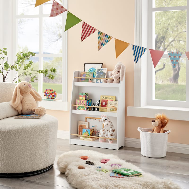 Danya B. Steiner White 3-Tier Kids Book or Magazine Storage Freestanding Bookcase with Contrasting Wood-Toned Rods