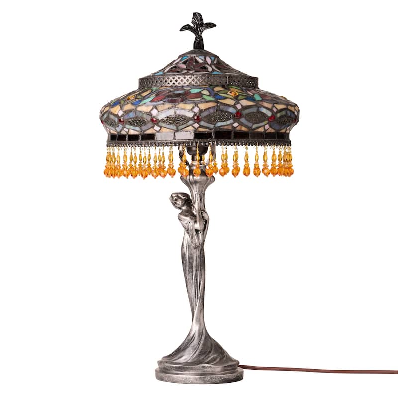 Parisian River of Goods Antique Silver Polyresin and Stained Glass Bell Shade 24-Inch Table Lamp - 12" X 12" X 24"
