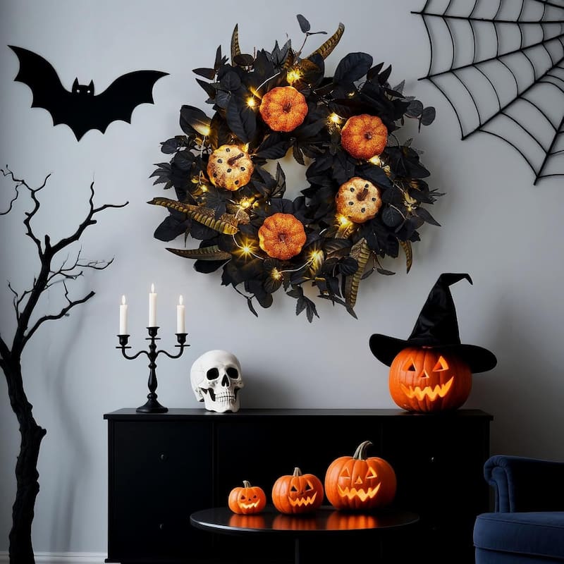 18 in Lighted Halloween Wreaths for Front Door Windows Fireplaces - N/A