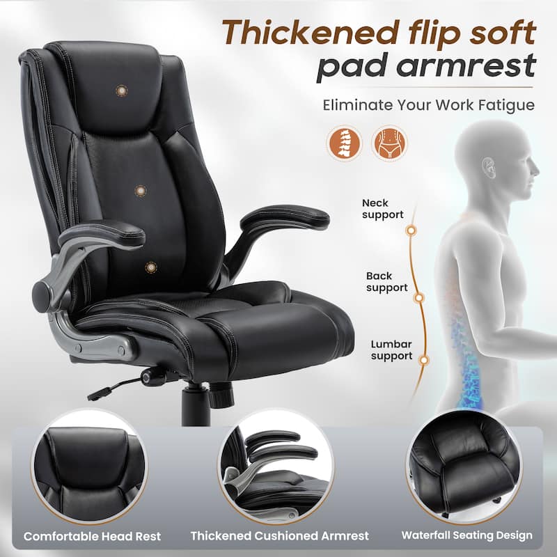 Ergonomic Office Chair, High Back Leather, Adjustable Lumbar, Black