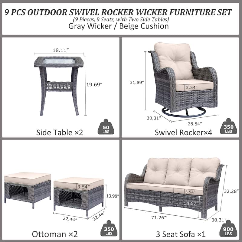 Rattan Outdoor Furniture Set-9 Piece Outdoor Patio Furniture Set with Swivel Chairs