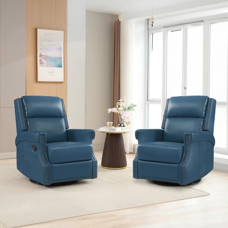 Genuine Leather Manual Rocking Recliner with 360-degree Metal Swivel Base