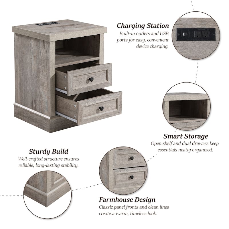 COZAYH Farmhouse Nightstand with Charging Station, Vintage Bedside Table Featuring Outlet & USB Ports, 2 Drawers and Open Shelf