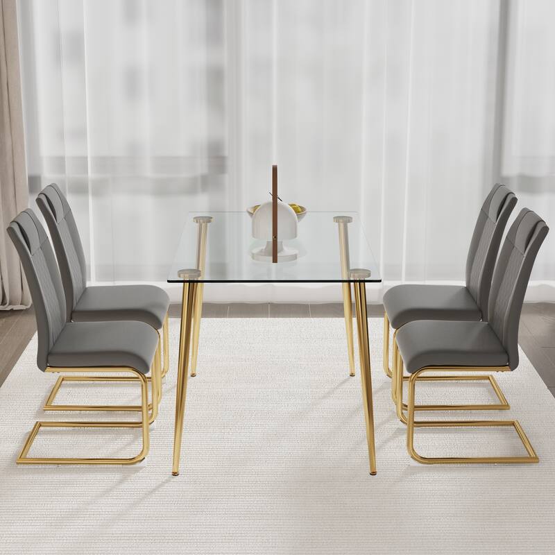 Rectangular Dining Table Set 4 Chairs Tempered Glass Top Gold Metal Legs Modern