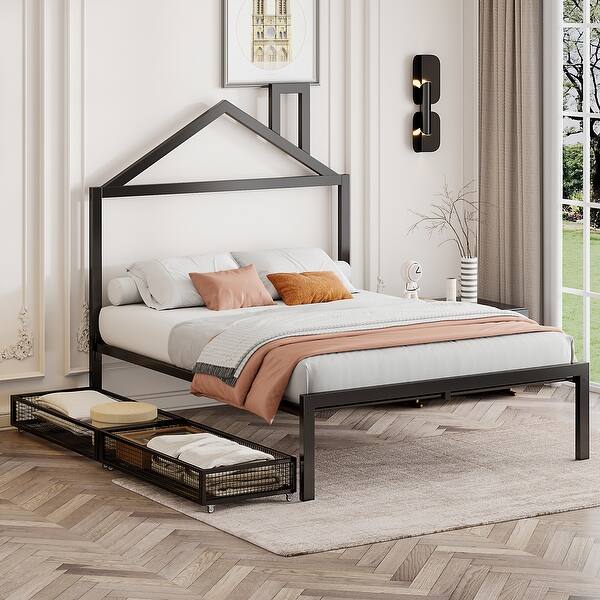 slide 2 of 17, Black Full Size Metal Platform Bed with Two Drawers & House Headboard Full - Black