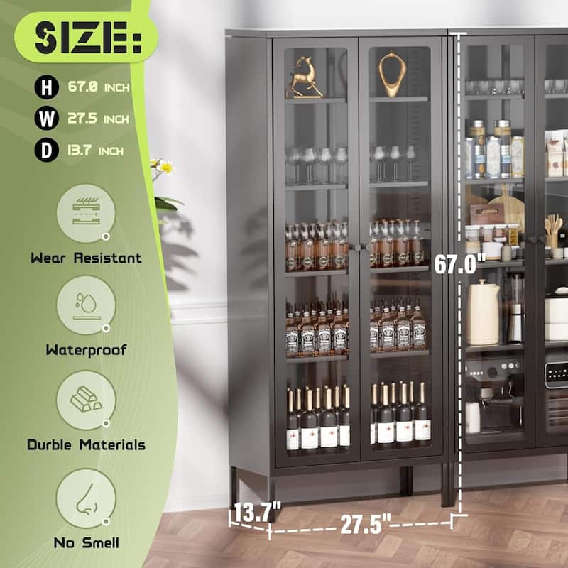 67'' Pantry Storage Cabinet Glass Display Sideboard Buffet Cabinet Curio Bookcase with Glass Doors and 4 Adjustable Shelves