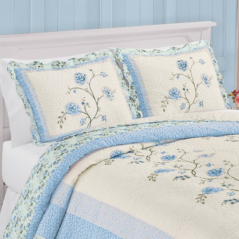 Floral Embroidered Scalloped Edge Quilted Pillow Sham - Light Blue