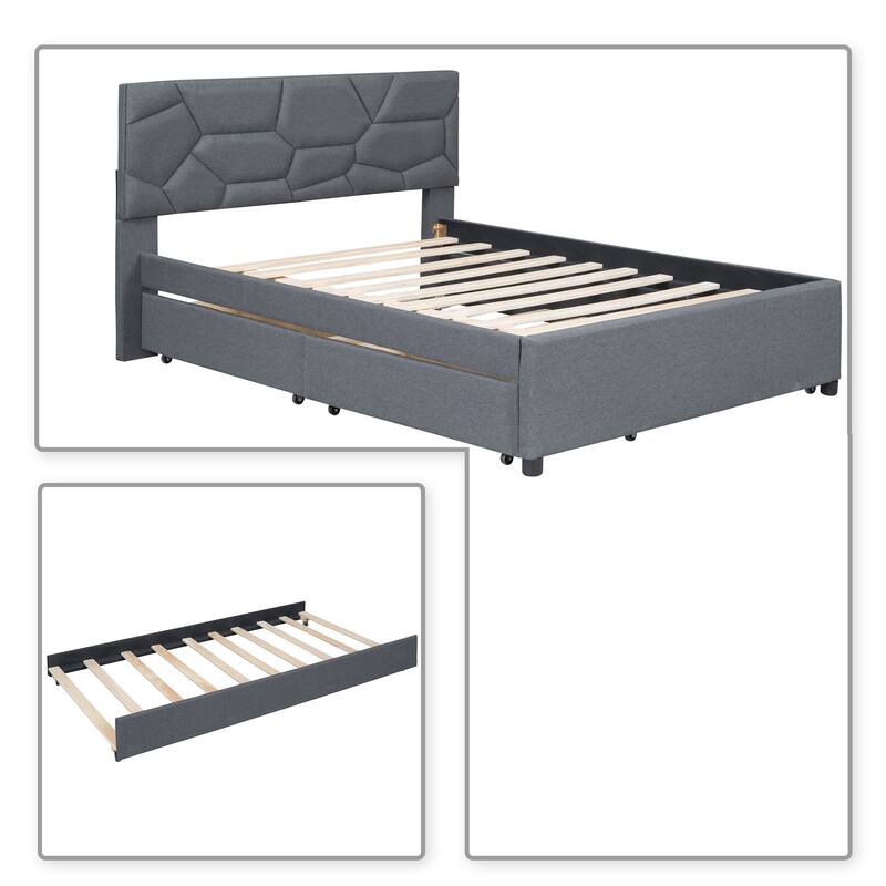 Stylish Linen Fabric Upholstered Platform Bed with Two Drawers and a Trundle Bed