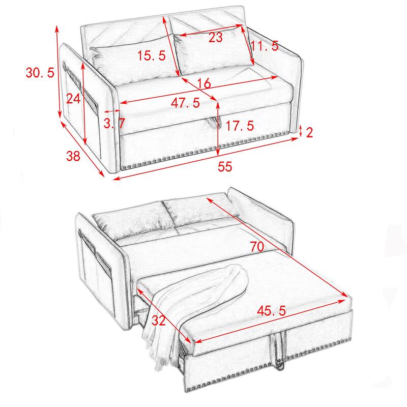 55" Velvet Convertible 3-in-1 Sleeper Sofa Bed with Reclining Backrest, Side Pockets, and 2 Pillows