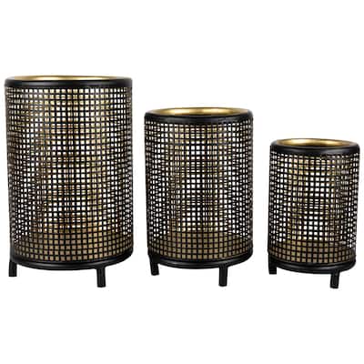 Iron Grid Pillar Candle Holders - 12" - Black Gold Finish - Set of 3
