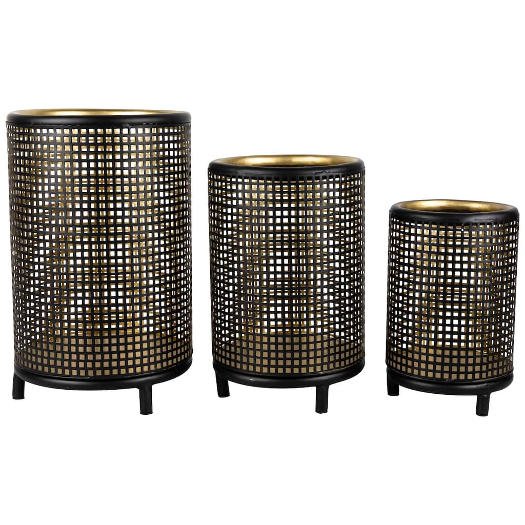 Iron Grid Pillar Candle Holders - 12" - Black Gold Finish - Set of 3
