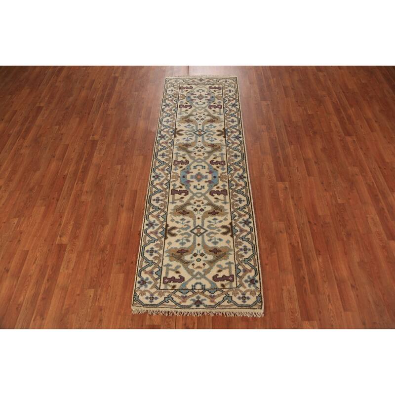 All-Over Floral Oushak Indian Runner Rug Hand-Knotted Wool Carpet - 2'6"x 7'9"