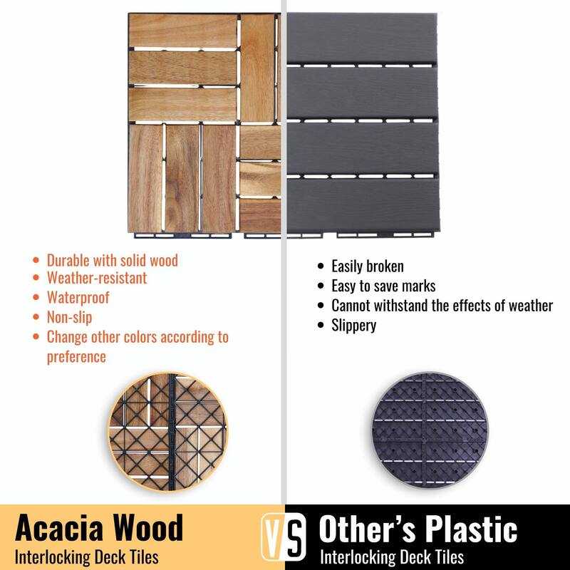 12" x 12" Square Yellow Acacia Hardwood Interlocking Deck Tiles Checker Pattern for Patio, Balcony, Poolside