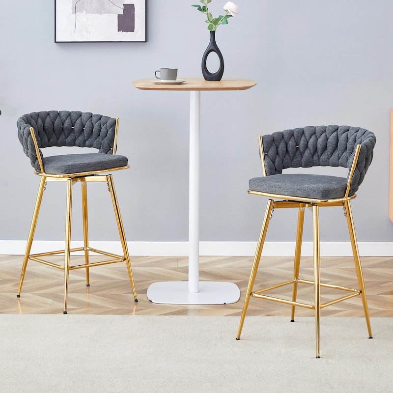 Set of 2 Swivel Bar Stools with Breathable Linen Cushions
