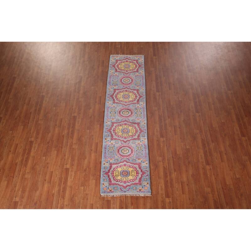Blue Kazak Oriental Runner Rug Hand-Knotted Wool Carpet - 2'6"x 9'8"