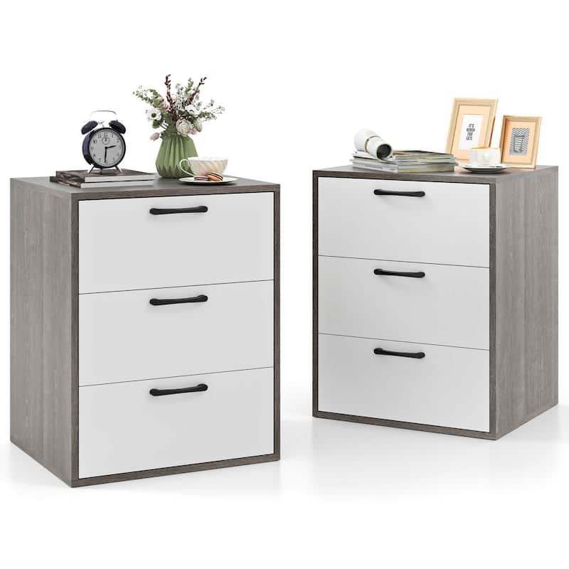 1/2 PCS Nightstand w/ 3 Drawers Modern Bedside Table w/ Gray Grain - 2 pcs
