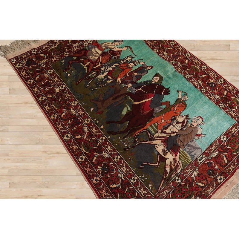 Hand Knotted Turquoise Persian Wool Traditional Oriental Area Rug - 3' 7'' x 5'