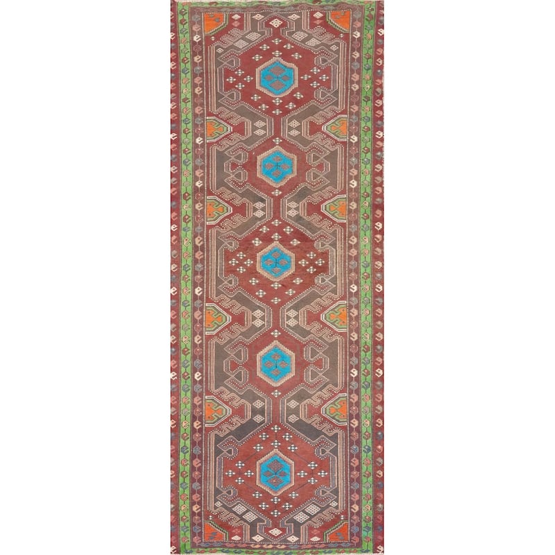 Hand Knotted Oriental 100% Wool Carpet Traditional Geometric Red Bakhtiari Runner Rug - 9' 11'' X 3' 6''