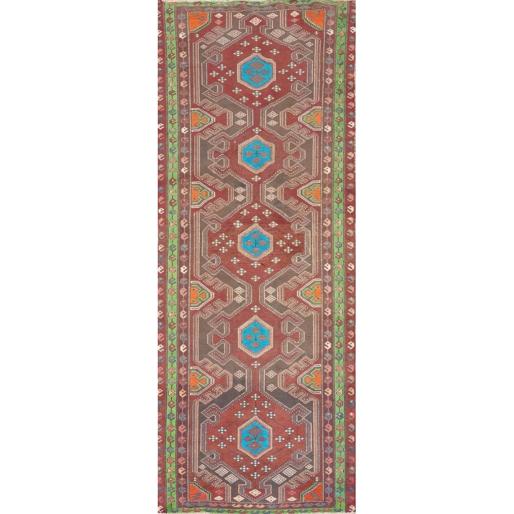 Hand Knotted Oriental 100% Wool Carpet Traditional Geometric Red Bakhtiari Runner Rug - 9' 11'' X 3' 6''
