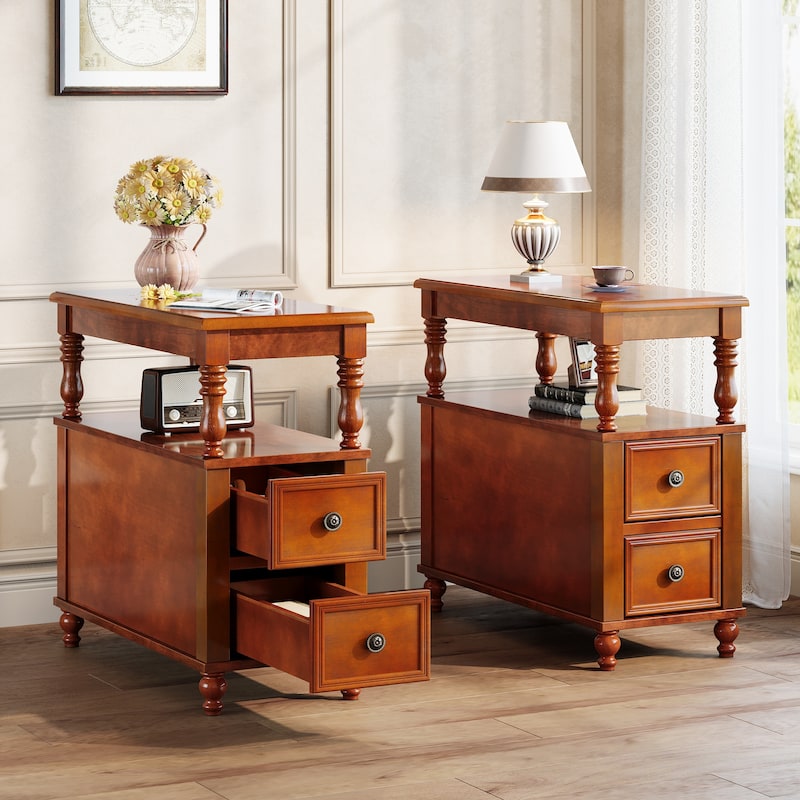 Solid Wood 2-Drawers Side Table - BROWN-2PCS