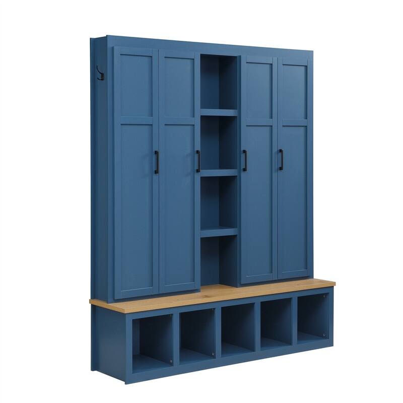 Farmhouse 4-in-1 Hall Tree with Open Display Shelves, Mudroom Shoe Bench with Open Compartments, Entryway Coat Rack with 6 Hooks