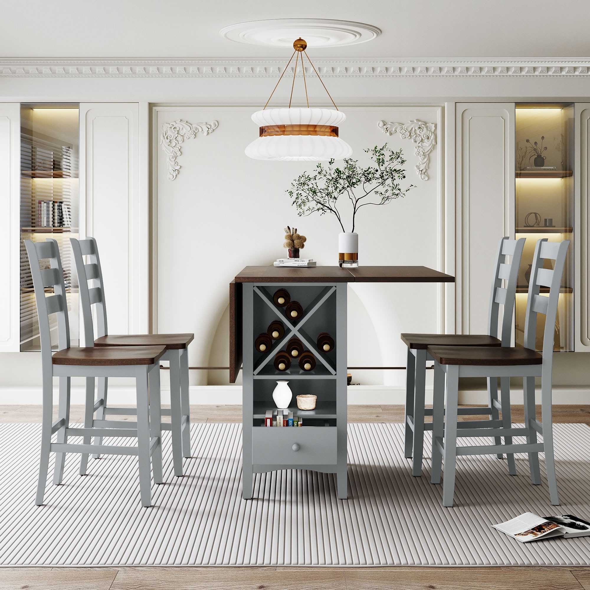 Farmhouse Wood Counter Height 5 Piece Drop Leaf Dining Table Set