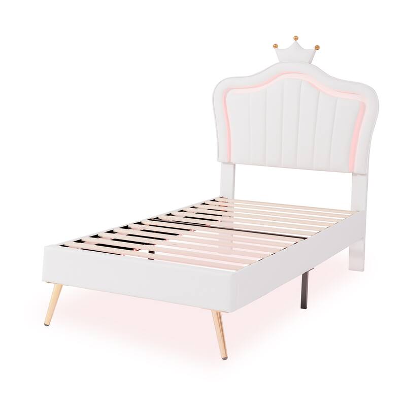 Twin Size LED Upholstered Bed Frame with Crown Headboard, White