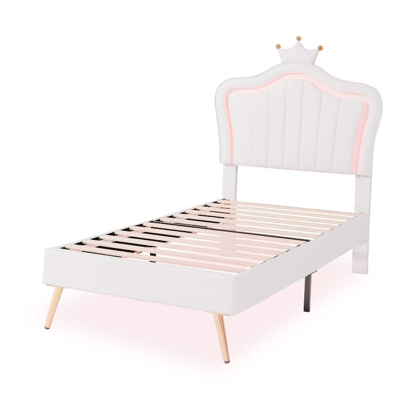 White Twin Upholstered Platform Bed with LED Crown Headboard - MDF, Plywood, PU, Metal, 600LBS Capacity