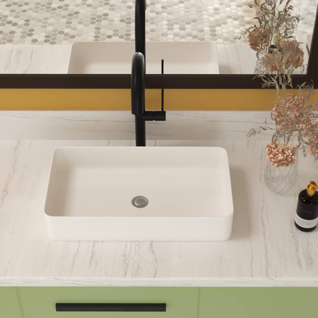 European-Inspired Rectangular Ceramic Vessel Sink with Polished Finish - 24" x 14", Countertop Installation - 24in L