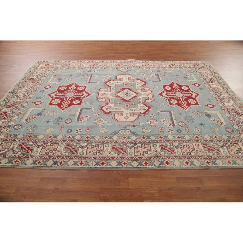 Light Blue Kazak Area Rug Handmade Traditional Wool Carpet - 6'9" x 9'2"