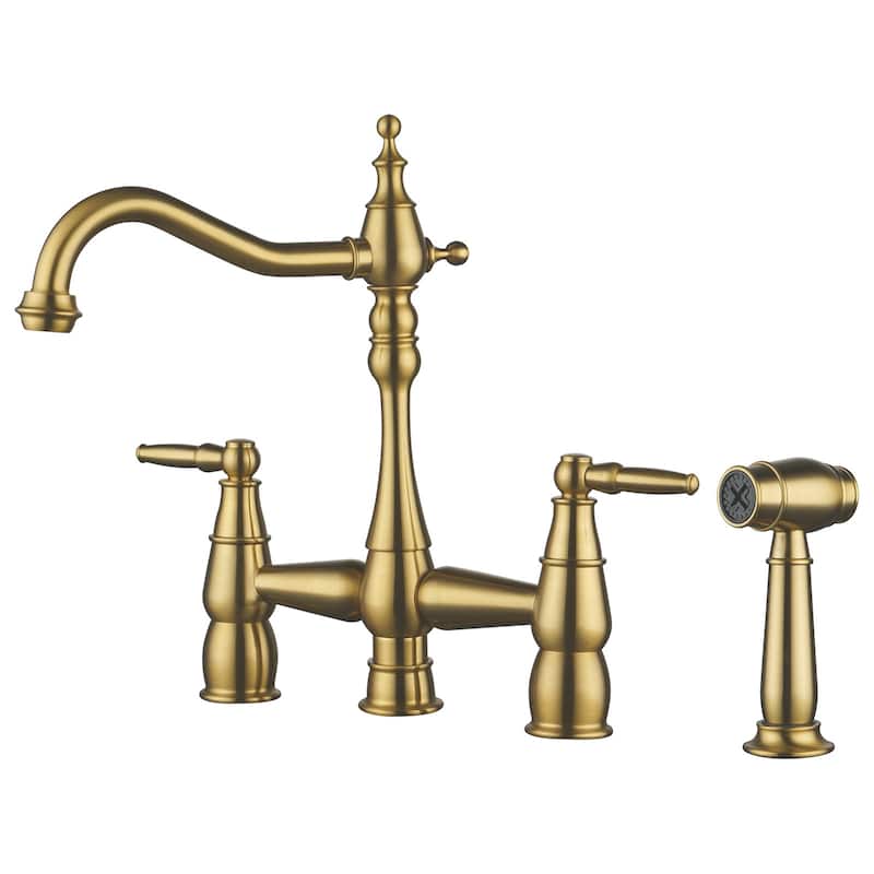 WOWOW 4 Hole Double Handle Bridge Kitchen Faucet with Side Sprayer - Brushed Gold