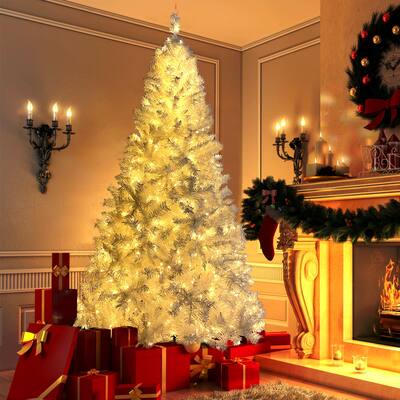 7.4FT Pre-lit White Christmas Tree, Hinged, LED Light, Holiday Tree
