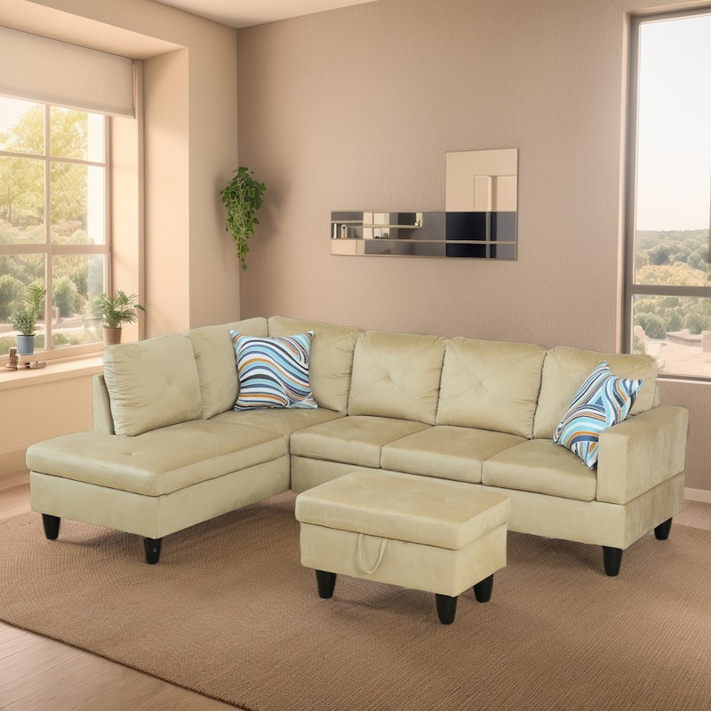 3-Piece Upholstered Sectional Sofa Set With Storage Ottoman