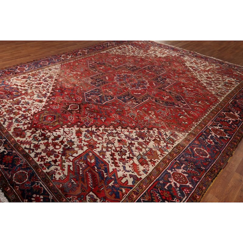 Geometric Heriz Vintage Persian Area Rug Hand-Knotted Wool Carpet - 10'4" x 12'9"