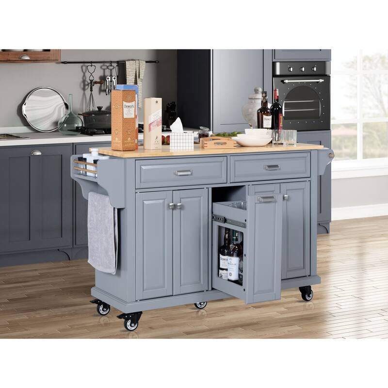 Kitchen Island with Rubber wood Countertop, Kitchen Cart on 5 Wheels with Storage Cabinet and 2 Top Drawers
