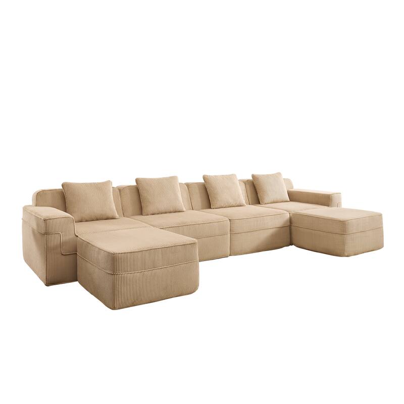 GDFStudio - Corduroy Modular 4-Seater 153.5" U-Shaped Boneless Cloud Sofa with 2 Ottomans