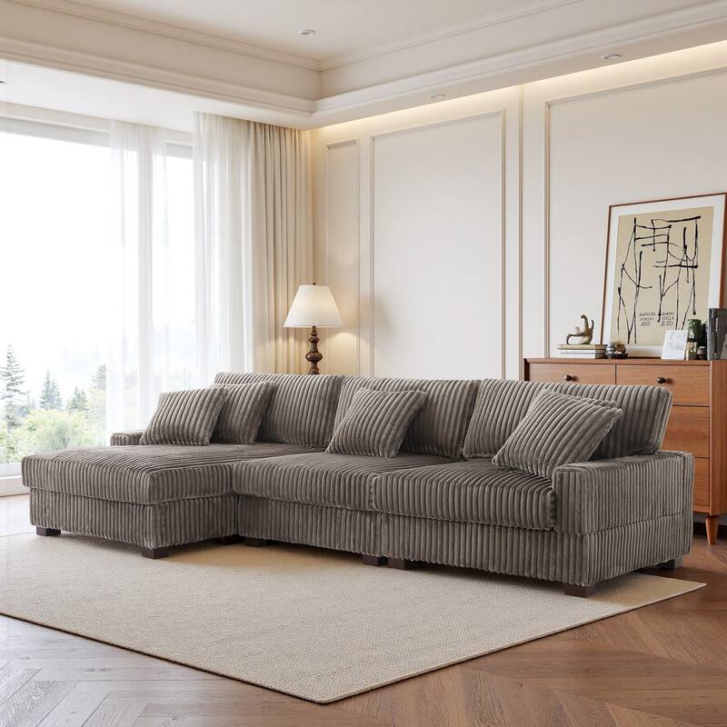 118.3" W Plush Corduroy Square Arm Upholstered Sectional Modular Sofa
