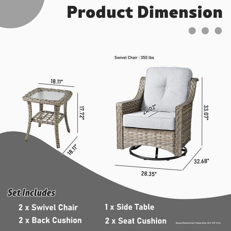 XIZZI 3-Piece Swivel Rocking Chair Rattan Wicker Outdoor Patio Furniture Bistro Set