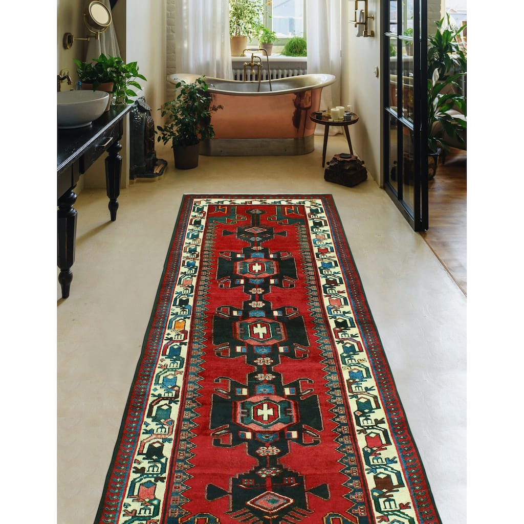 Fine Vintage Distressed Gulfash Red/Ivory Runner - 3'4" x 9'1"