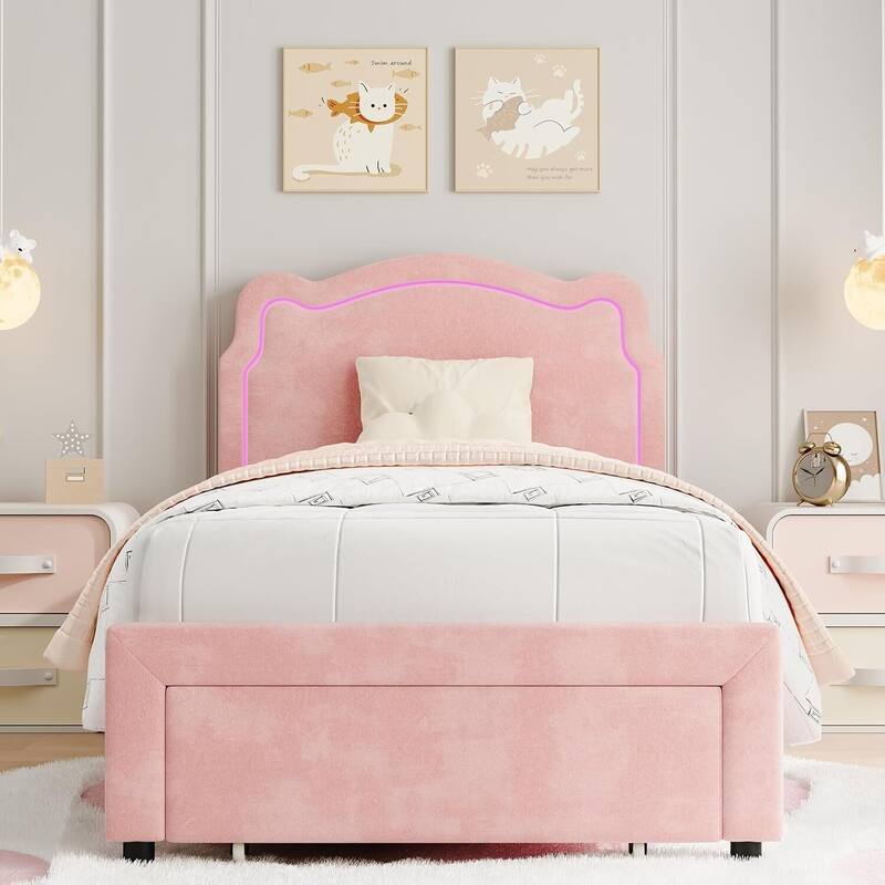 Twin Size Upholstered LED Velvet Platform Bed Frame with Bear-Shaped Headboard, Storage Drawer