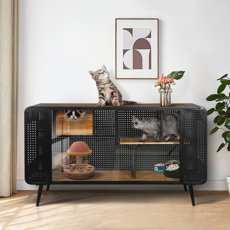 Spacious Cat House with Tempered Glass - Black+Brown
