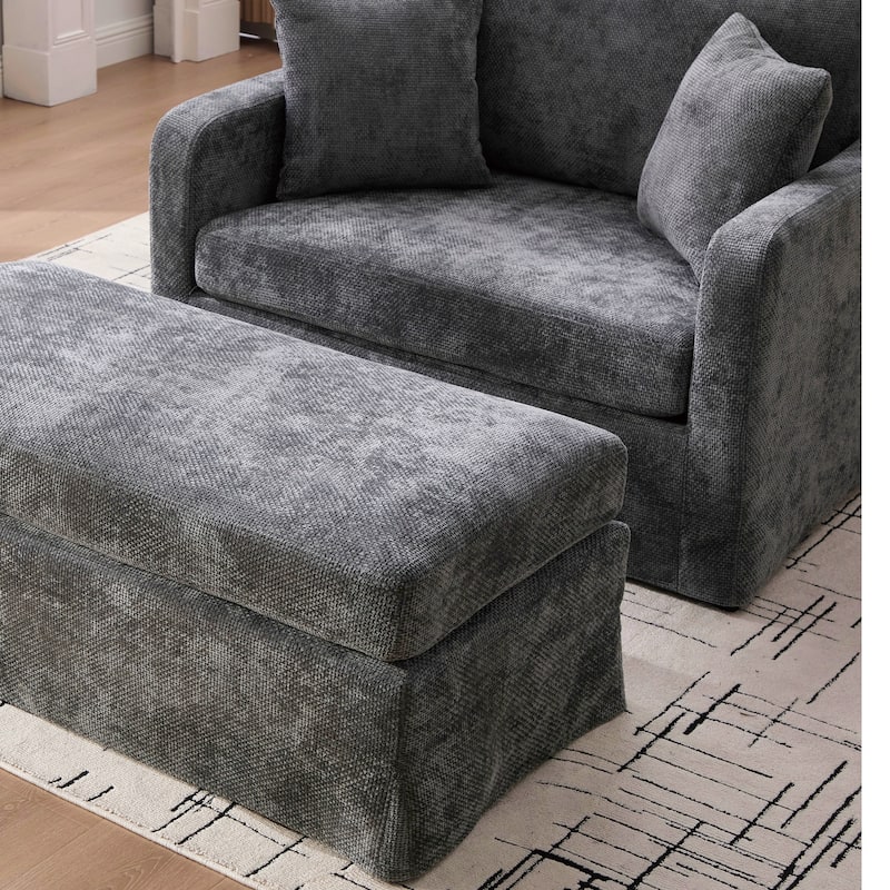 Morden Accent Chair with Ottoman, Chenille Living Room Side Chair, Single Sofa Armchair with Bolster Pillows