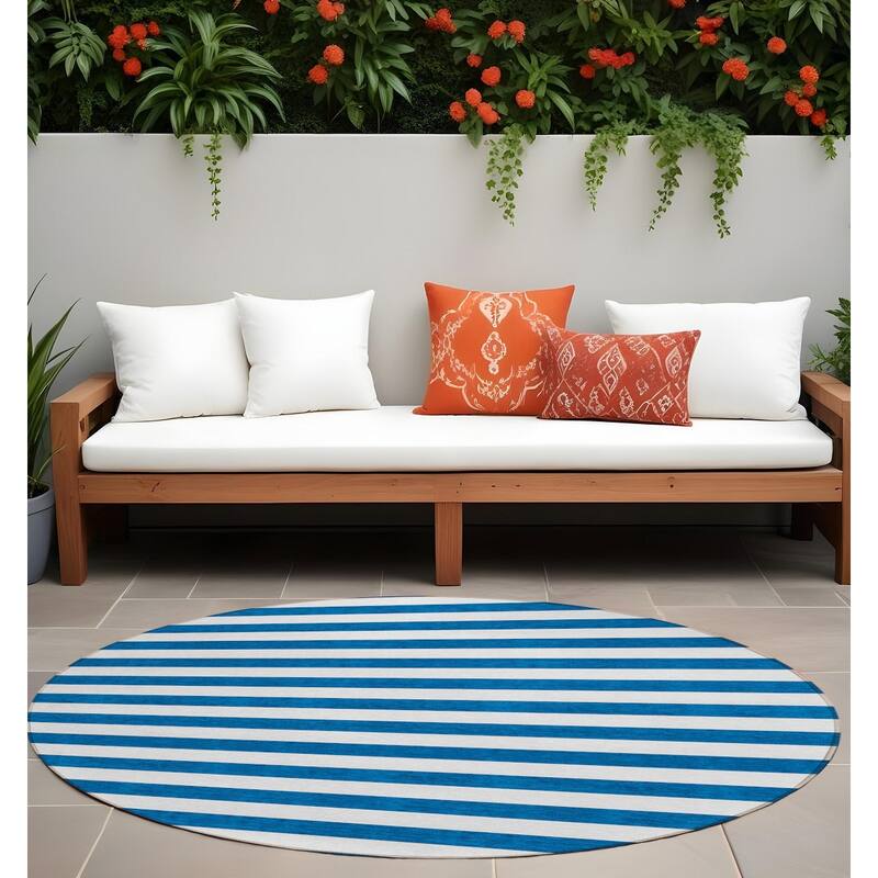 Rana Stripe Weather Resistant Blended Style Outdoor Rug - 8' Round - Blue