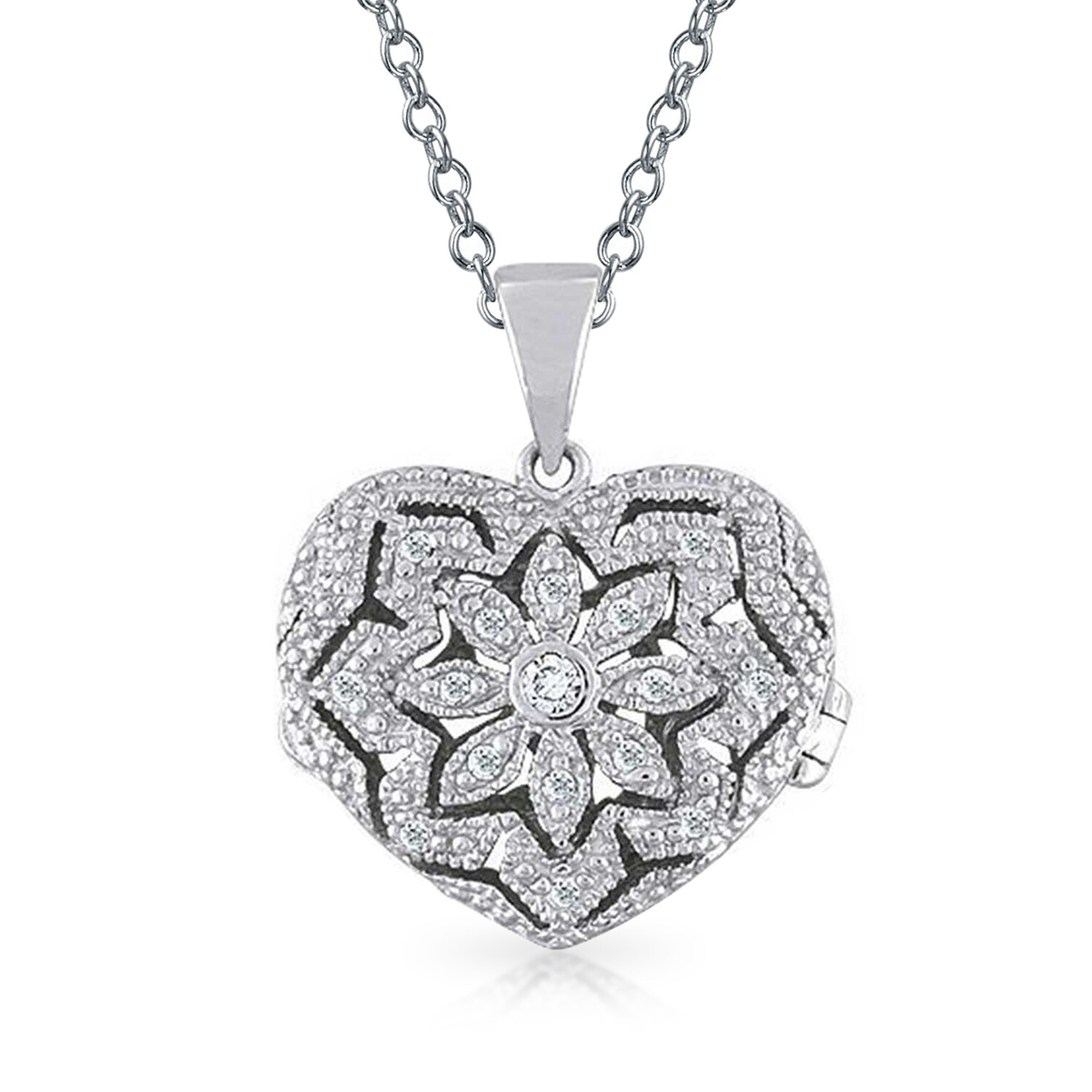 Heart .925 Sterling Silver Pendant With Clear CZ Cubic Zirconia Flower Dangle