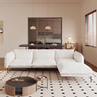 111.02'' Down Filled Sectional Sofa Couch Chenille Fabric Upholstery L-Shaped Sofa with Ottoman