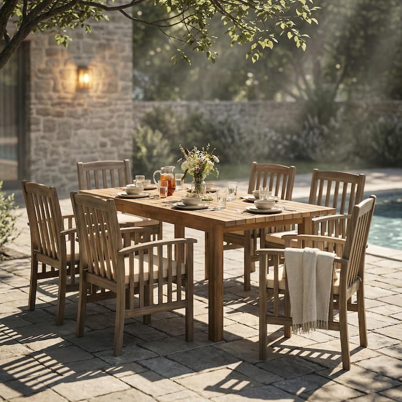 Christopher Knight Home - Solid Acacia Wood Extendable 7-Piece Outdoor Dining Set with Cushioned Chairs - Grey+Teak